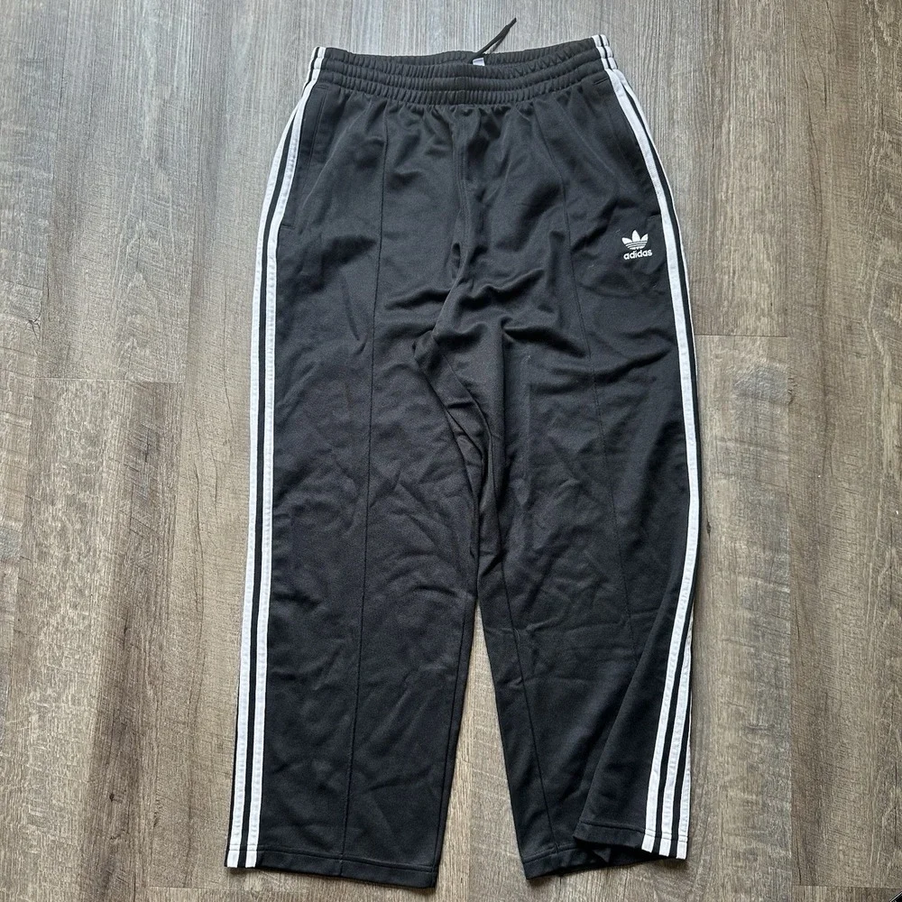 Vintage Adidas Track Pants Mens Medium Black White Baggy Wide Leg Sweatpants Y2K